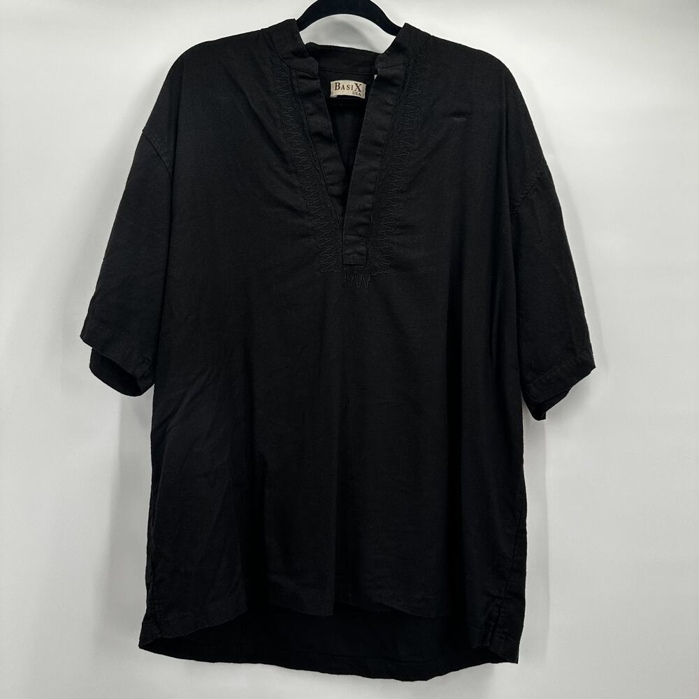 Basix Shirt Top Womens Large Black Linen Blend Minimalist Breathable Embroidered